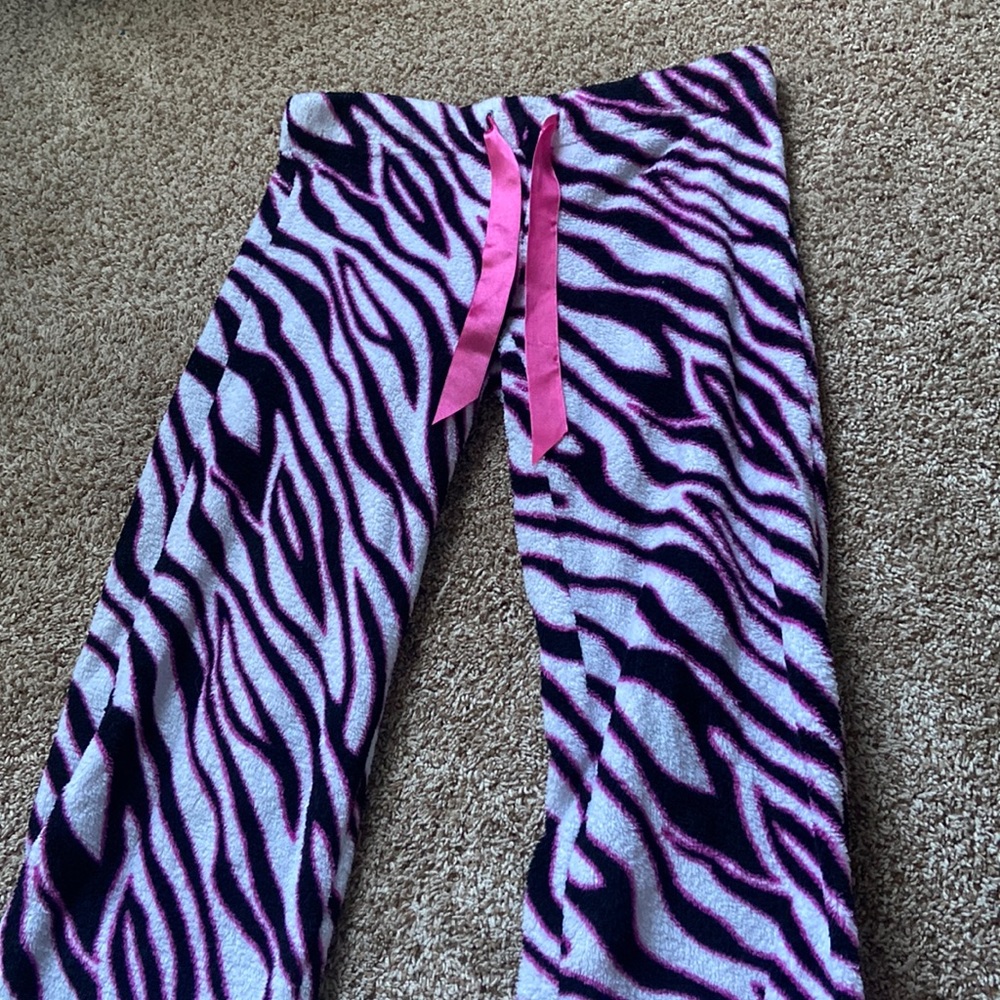 Fluffy pink zebra print pajama pants